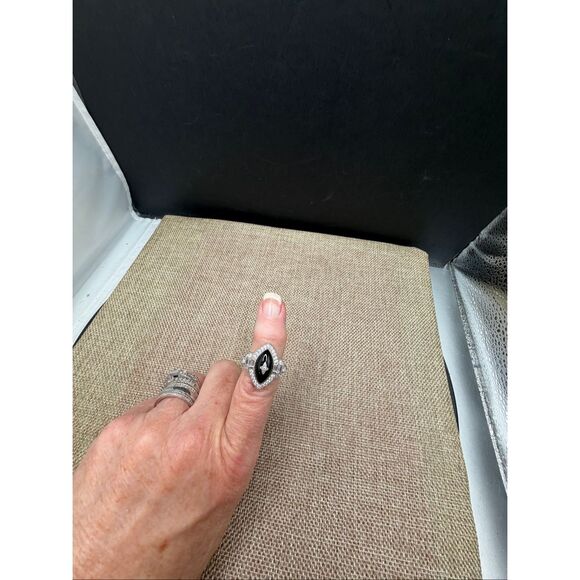 Black Onyx-Style Marquise CZ Halo Ring Sterling Silver Plated Size 6 - Picture 10 of 11